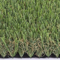 Synthetic turf, close view, M-shape blades, green and brown thatching, Emerald Green, Lime Green color fake grass.