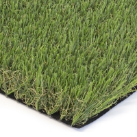 Synthetic grass, close view, M-shape blades, green and brown thatching, Emerald Green, Lime Green color turf.